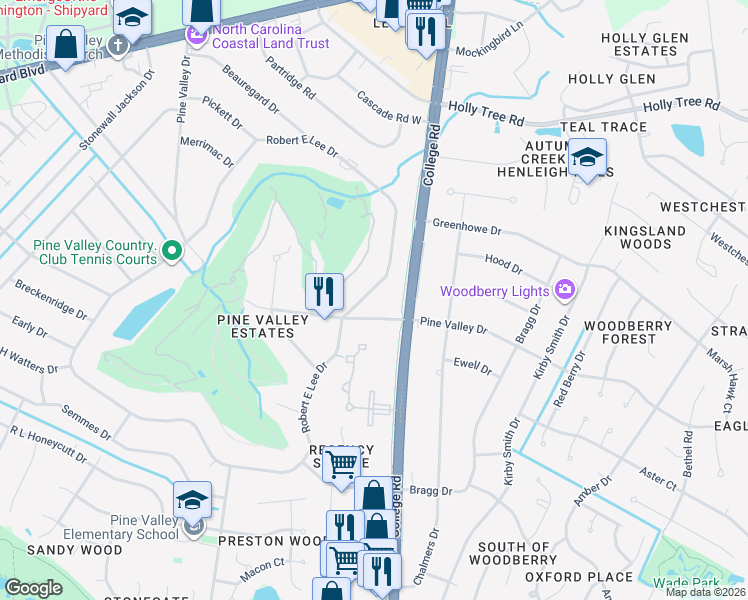 map of restaurants, bars, coffee shops, grocery stores, and more near 463 Robert E Lee Drive in Wilmington