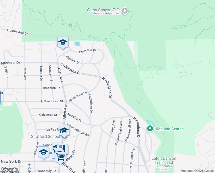 map of restaurants, bars, coffee shops, grocery stores, and more near 2555 North Altadena Drive in Altadena