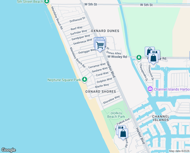 map of restaurants, bars, coffee shops, grocery stores, and more near 5209 Neptune Square in Oxnard