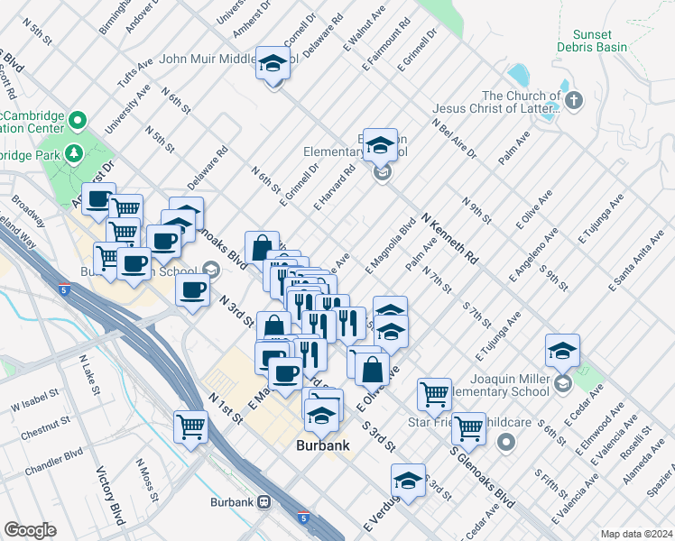 map of restaurants, bars, coffee shops, grocery stores, and more near 536 East San Jose Avenue in Burbank