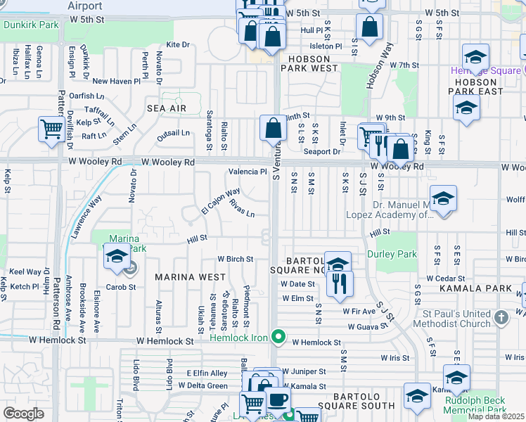map of restaurants, bars, coffee shops, grocery stores, and more near 1510 Rivas Lane in Oxnard