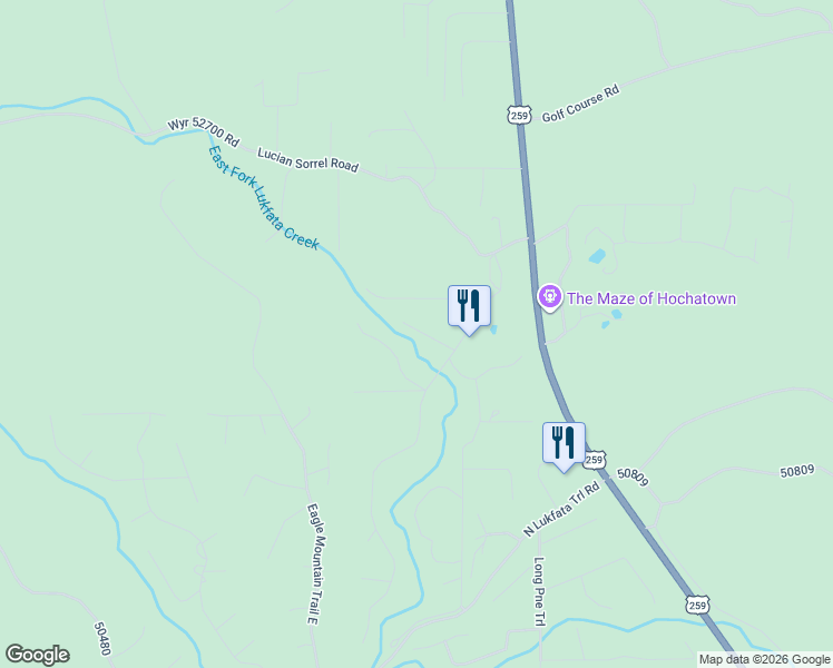 map of restaurants, bars, coffee shops, grocery stores, and more near 22 Timberwolf Trail in Broken Bow
