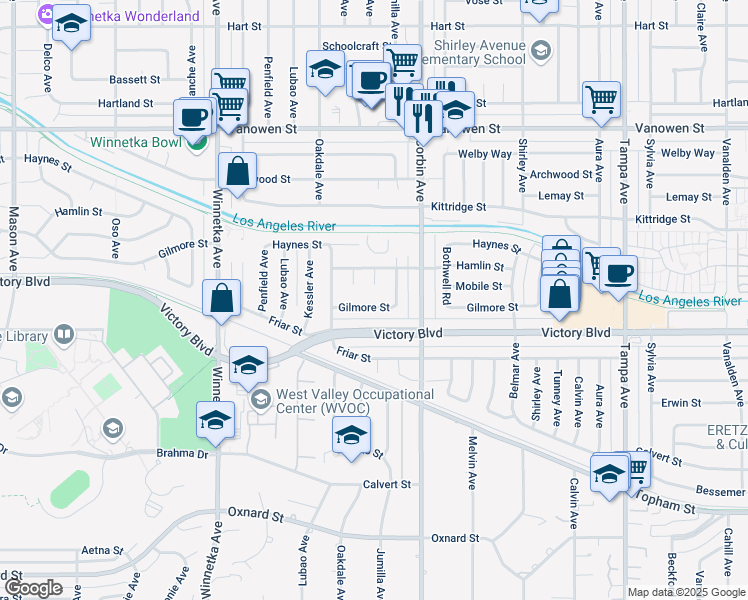 map of restaurants, bars, coffee shops, grocery stores, and more near 19757 Gilmore Street in Los Angeles