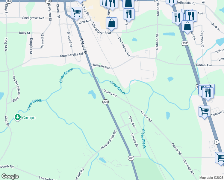 map of restaurants, bars, coffee shops, grocery stores, and more near 123 Coosa Road in Boaz