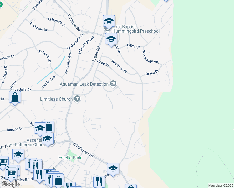 map of restaurants, bars, coffee shops, grocery stores, and more near 821 Emerson Street in Thousand Oaks