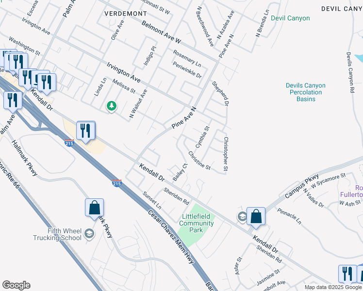 map of restaurants, bars, coffee shops, grocery stores, and more near 2545 Christine Street in San Bernardino