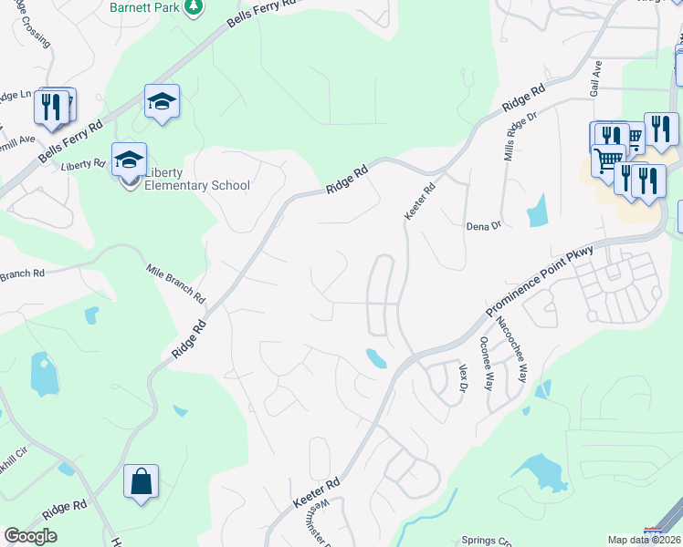 map of restaurants, bars, coffee shops, grocery stores, and more near 410 Ridgecrest Drive in Canton