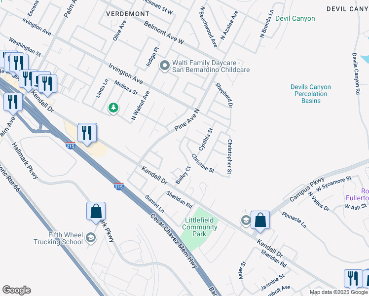 map of restaurants, bars, coffee shops, grocery stores, and more near 2545 Christine Street in San Bernardino