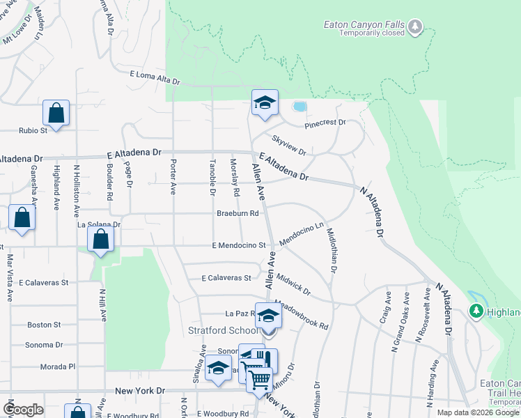 map of restaurants, bars, coffee shops, grocery stores, and more near 1901 Braeburn Road in Altadena