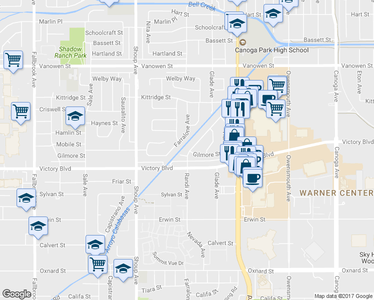map of restaurants, bars, coffee shops, grocery stores, and more near 6445 Randi Avenue in Los Angeles