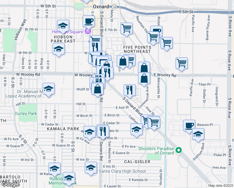 map of restaurants, bars, coffee shops, grocery stores, and more near 1223 South Oxnard Boulevard in Oxnard