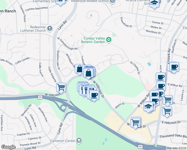 map of restaurants, bars, coffee shops, grocery stores, and more near 424 Tuolumne Avenue in Thousand Oaks