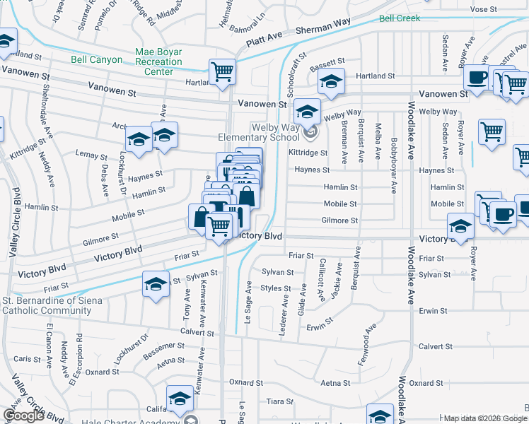 map of restaurants, bars, coffee shops, grocery stores, and more near 6443 Gross Avenue in Los Angeles
