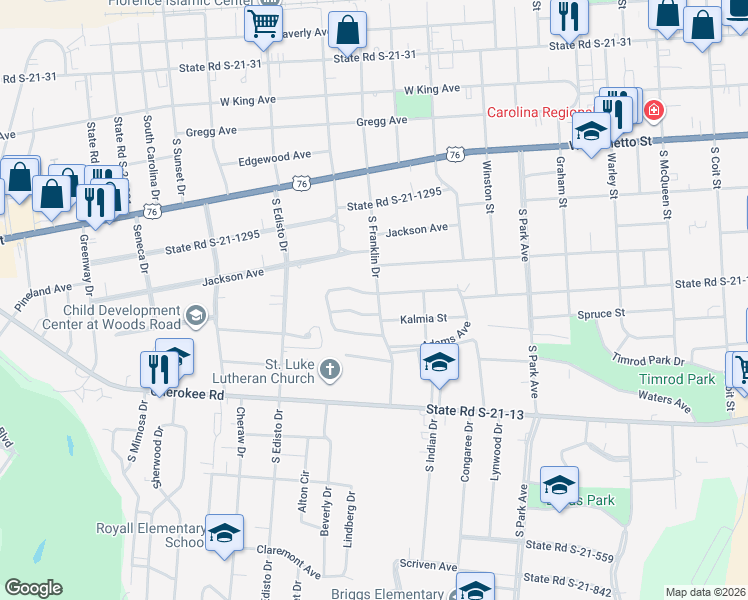 map of restaurants, bars, coffee shops, grocery stores, and more near 1102 Heatherwood Circle in Florence