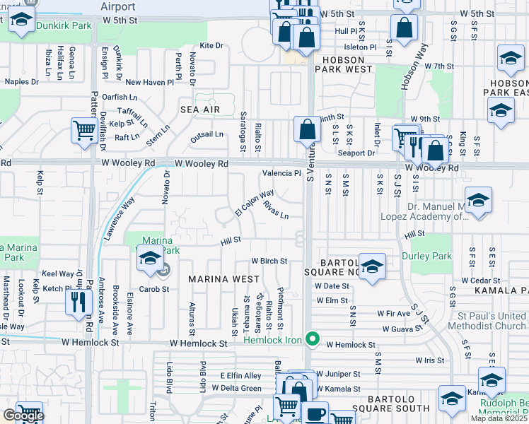 map of restaurants, bars, coffee shops, grocery stores, and more near 1725 Rivas Lane in Oxnard