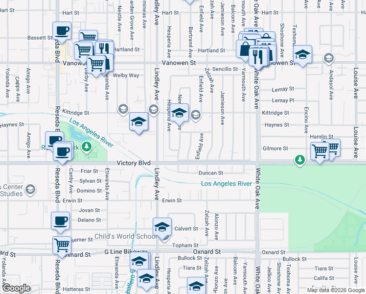 map of restaurants, bars, coffee shops, grocery stores, and more near 6438 Newcastle Avenue in Los Angeles