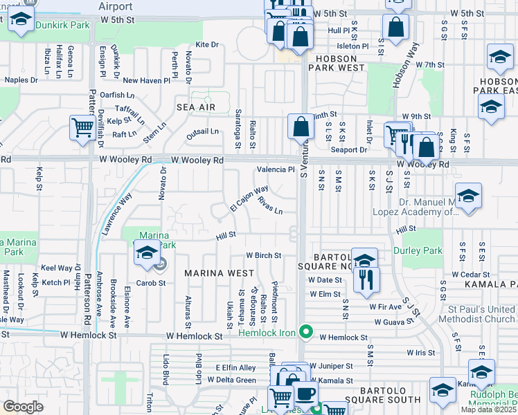 map of restaurants, bars, coffee shops, grocery stores, and more near 1725 Rivas Ln in Oxnard
