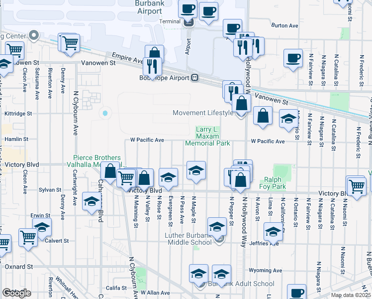 map of restaurants, bars, coffee shops, grocery stores, and more near 2128 North Pass Avenue in Burbank