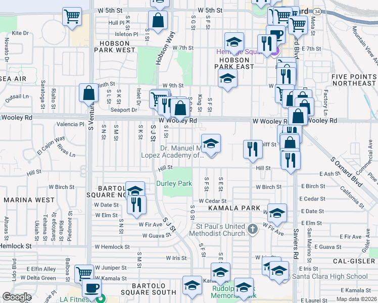 map of restaurants, bars, coffee shops, grocery stores, and more near G Street in Oxnard