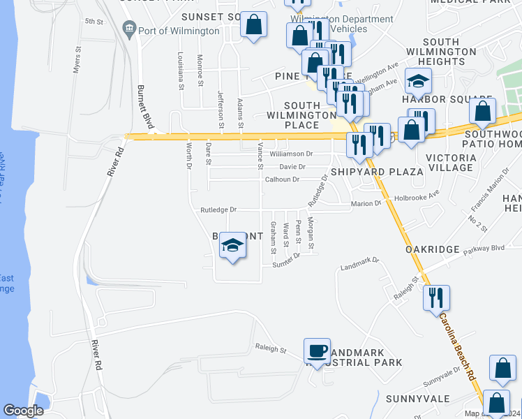 map of restaurants, bars, coffee shops, grocery stores, and more near 301 Rutledge Drive in Wilmington