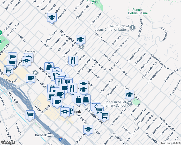 map of restaurants, bars, coffee shops, grocery stores, and more near 311 North 7th Street in Burbank