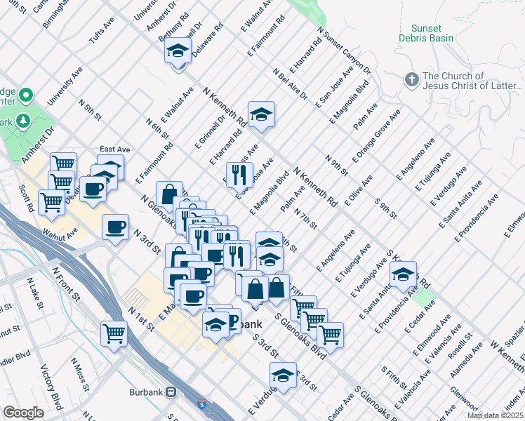 map of restaurants, bars, coffee shops, grocery stores, and more near 614 East Magnolia Boulevard in Burbank
