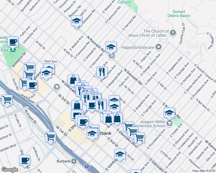 map of restaurants, bars, coffee shops, grocery stores, and more near 614 East Magnolia Boulevard in Burbank