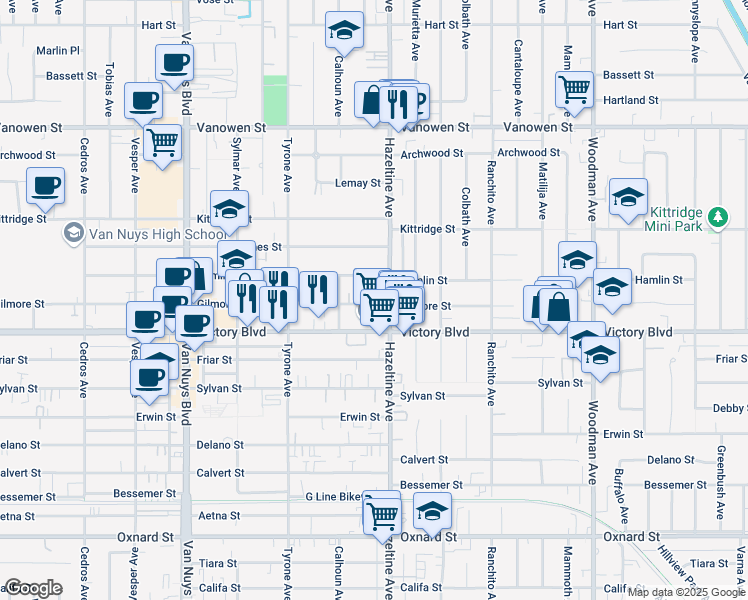 map of restaurants, bars, coffee shops, grocery stores, and more near 14103 Gilmore Street in Los Angeles