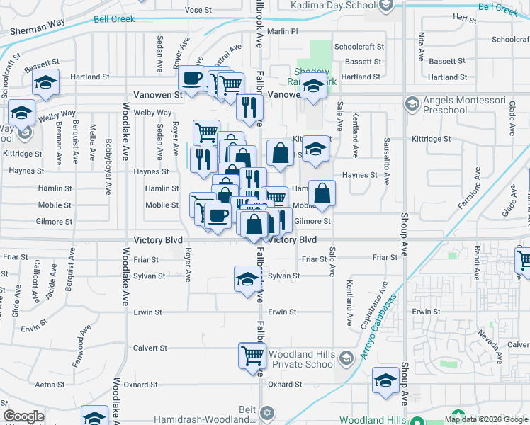 map of restaurants, bars, coffee shops, grocery stores, and more near 22756 Mobile Street in Los Angeles