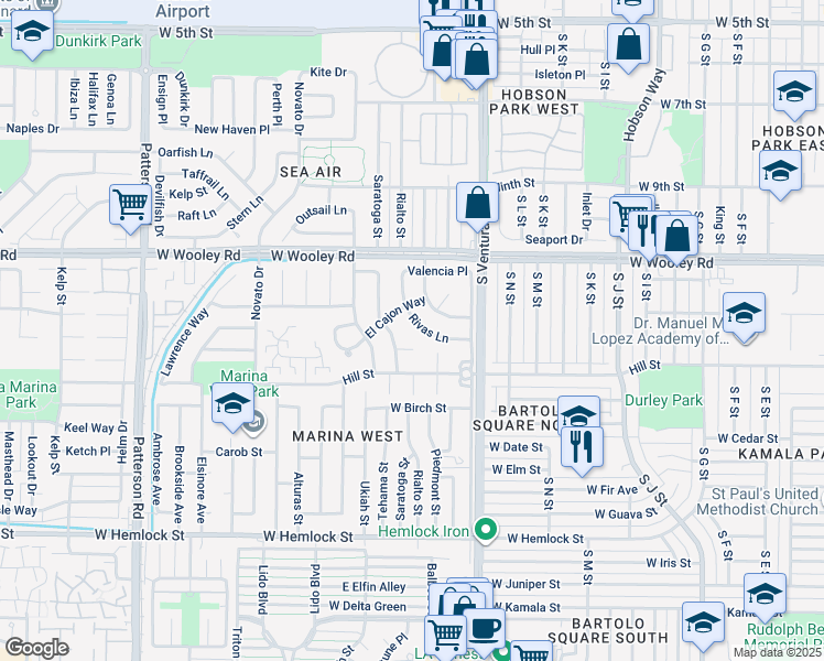 map of restaurants, bars, coffee shops, grocery stores, and more near 1725 Rivas Lane in Oxnard