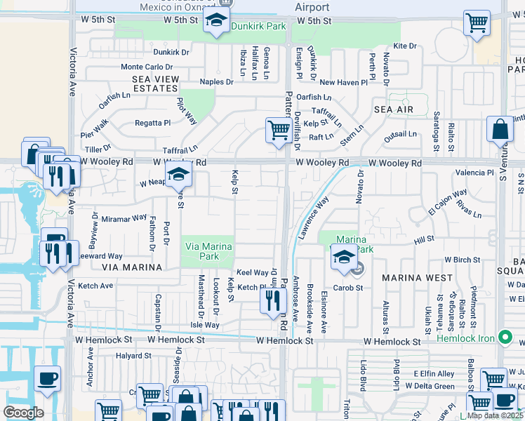 map of restaurants, bars, coffee shops, grocery stores, and more near 2960 Via Marina Court in Oxnard