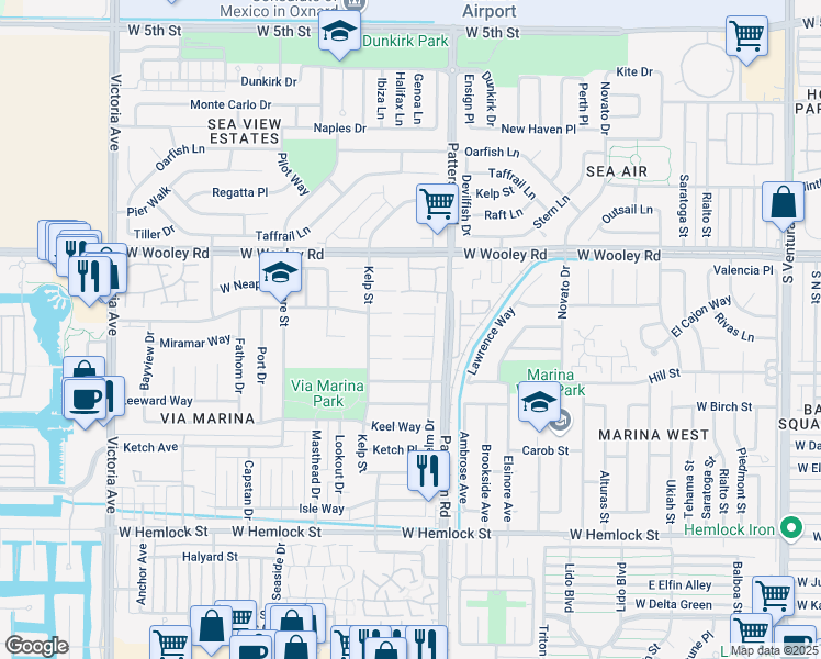 map of restaurants, bars, coffee shops, grocery stores, and more near 2960 Via Marina Court in Oxnard
