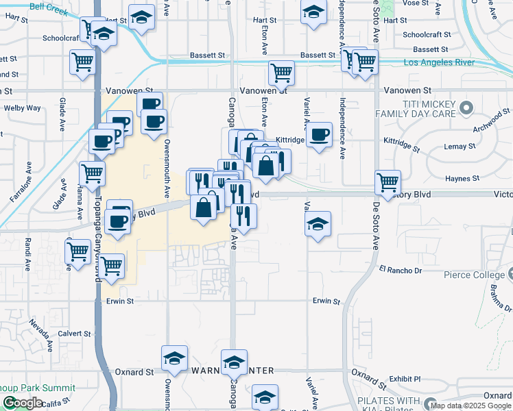 map of restaurants, bars, coffee shops, grocery stores, and more near 21300 Victory Boulevard in Los Angeles