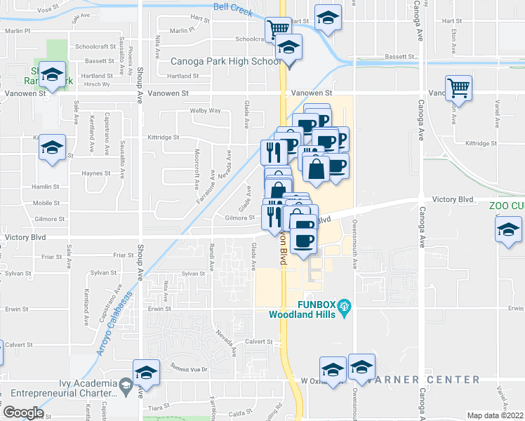 map of restaurants, bars, coffee shops, grocery stores, and more near 22031 Gilmore Street in Los Angeles