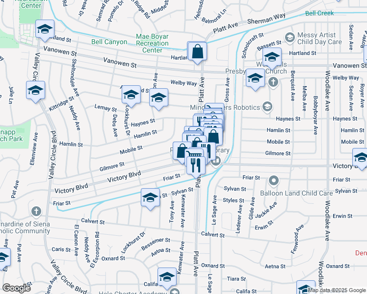 map of restaurants, bars, coffee shops, grocery stores, and more near 6416 Kenwater Place in Los Angeles