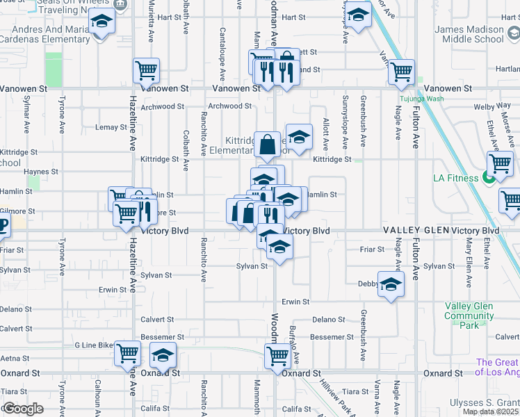 map of restaurants, bars, coffee shops, grocery stores, and more near 6438 Mammoth Avenue in Los Angeles