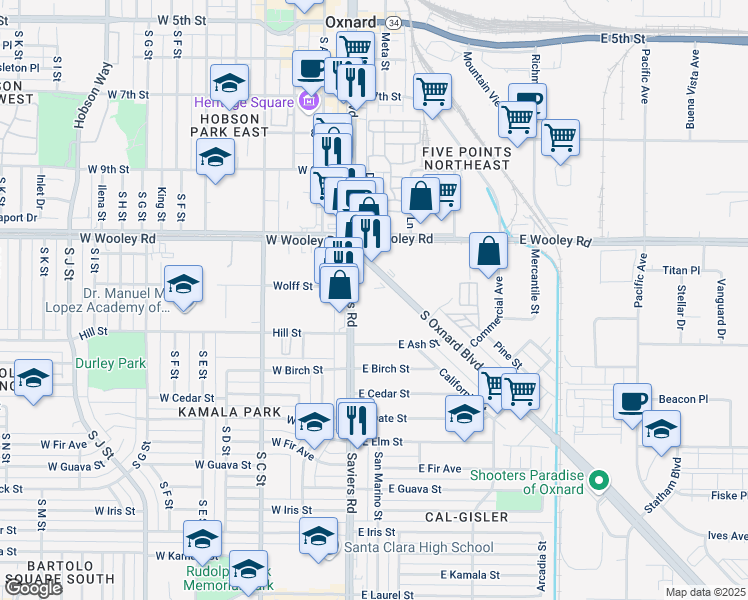 map of restaurants, bars, coffee shops, grocery stores, and more near 1222 Saviers Road in Oxnard