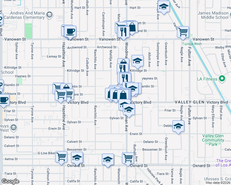 map of restaurants, bars, coffee shops, grocery stores, and more near 6439 Mammoth Avenue in Van Nuys