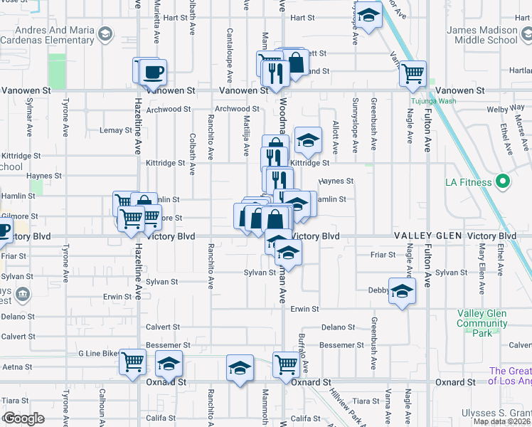 map of restaurants, bars, coffee shops, grocery stores, and more near 6438 Mammoth Avenue in Los Angeles