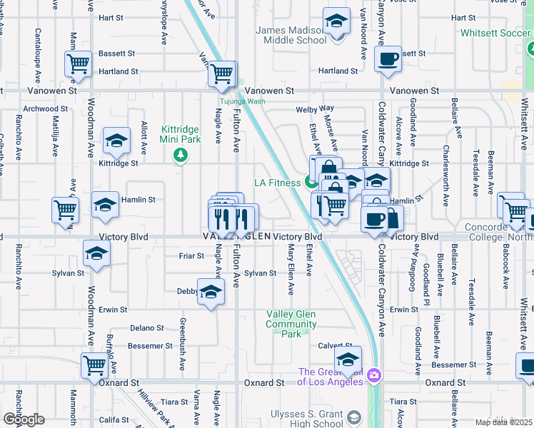 map of restaurants, bars, coffee shops, grocery stores, and more near 6440 Longridge Avenue in Los Angeles