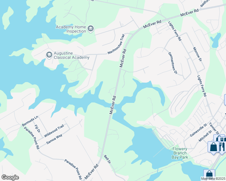 map of restaurants, bars, coffee shops, grocery stores, and more near 6026 McEver Road in Flowery Branch