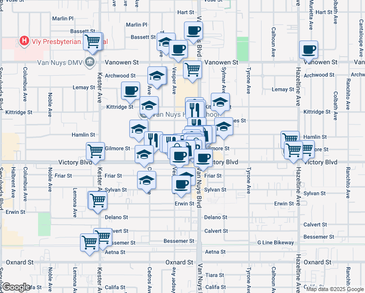 map of restaurants, bars, coffee shops, grocery stores, and more near 14541 Gilmore Street in Los Angeles