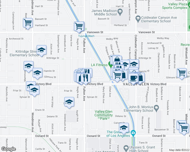 map of restaurants, bars, coffee shops, grocery stores, and more near 6440 Longridge Avenue in Los Angeles