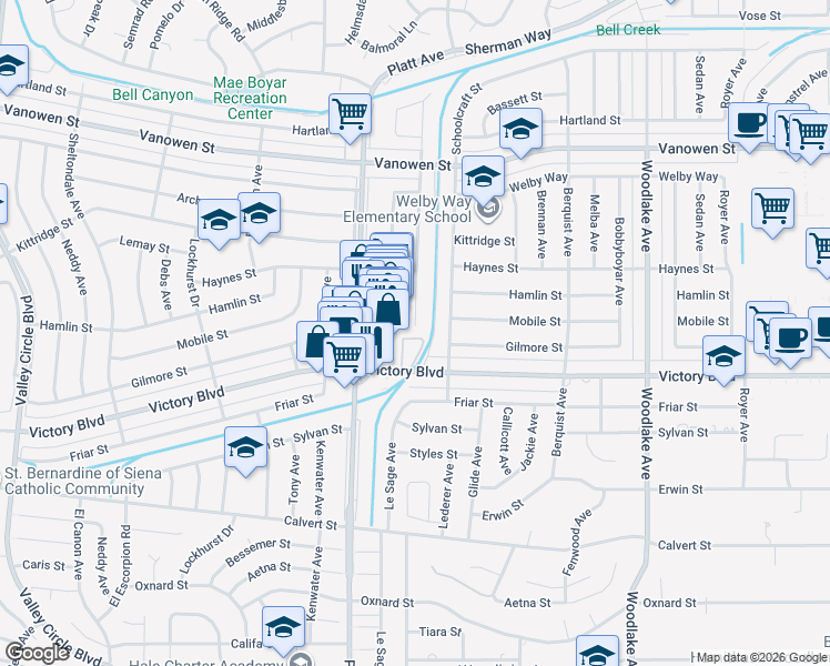 map of restaurants, bars, coffee shops, grocery stores, and more near 6443 Gross Avenue in Los Angeles