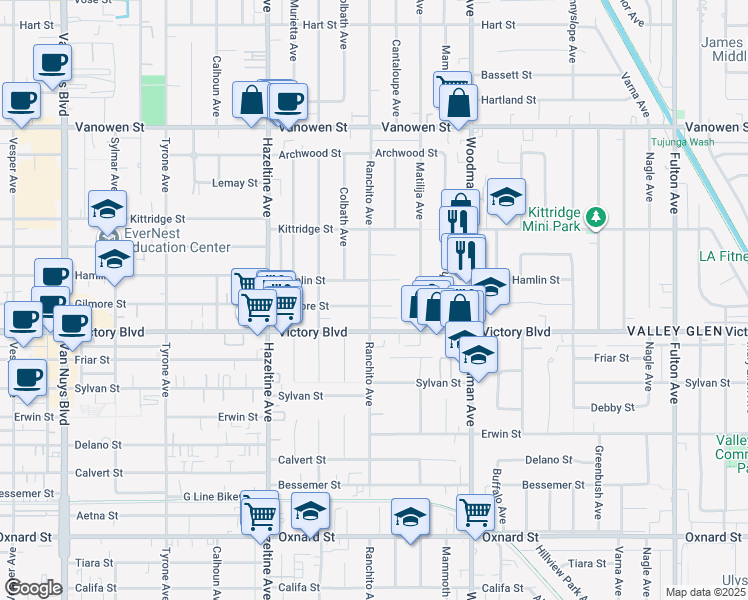 map of restaurants, bars, coffee shops, grocery stores, and more near 13859 Gilmore Street in Los Angeles