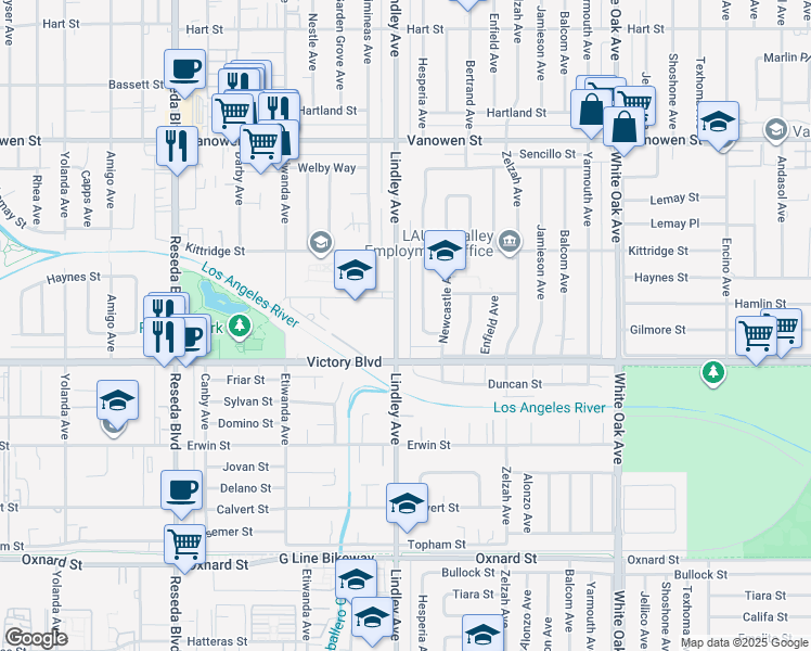 map of restaurants, bars, coffee shops, grocery stores, and more near 6438 Lindley Avenue in Los Angeles