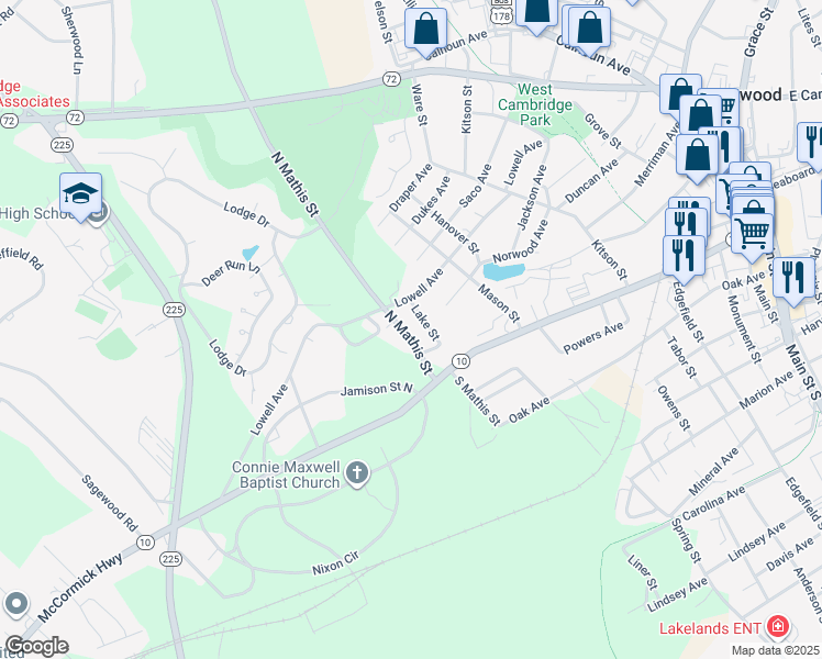 map of restaurants, bars, coffee shops, grocery stores, and more near 212 Mathis Street North in Greenwood