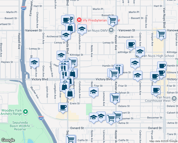 map of restaurants, bars, coffee shops, grocery stores, and more near 15115 Gilmore Street in Los Angeles