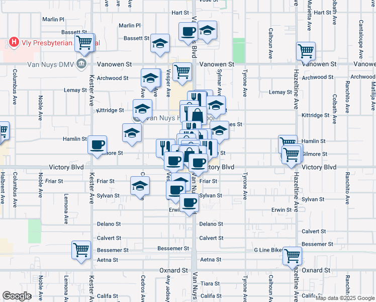 map of restaurants, bars, coffee shops, grocery stores, and more near 6463 Van Nuys Boulevard in Los Angeles