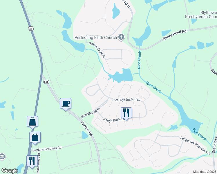 map of restaurants, bars, coffee shops, grocery stores, and more near 108 Bent Oak Trail in Blythewood